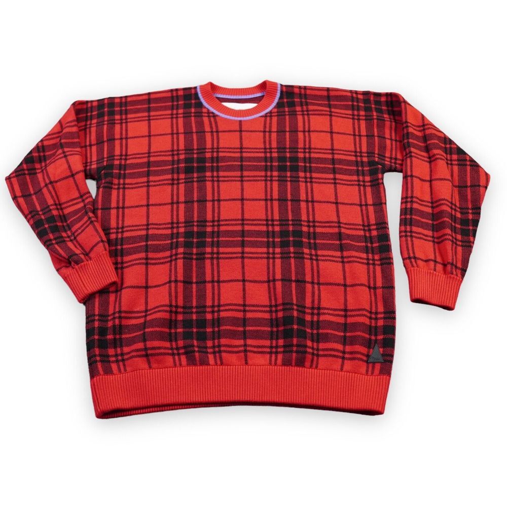 Aztech Mountain Sweater Women's XS Red Black Wool Buffalo Check Oversized *READ*